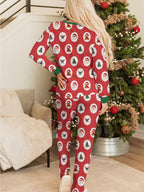 Stripe Christmas Print Henley V Neck Pullover and Pants Lounge Set