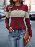 Color Block Ribbed Knit Long Sleeve T-Shirt
