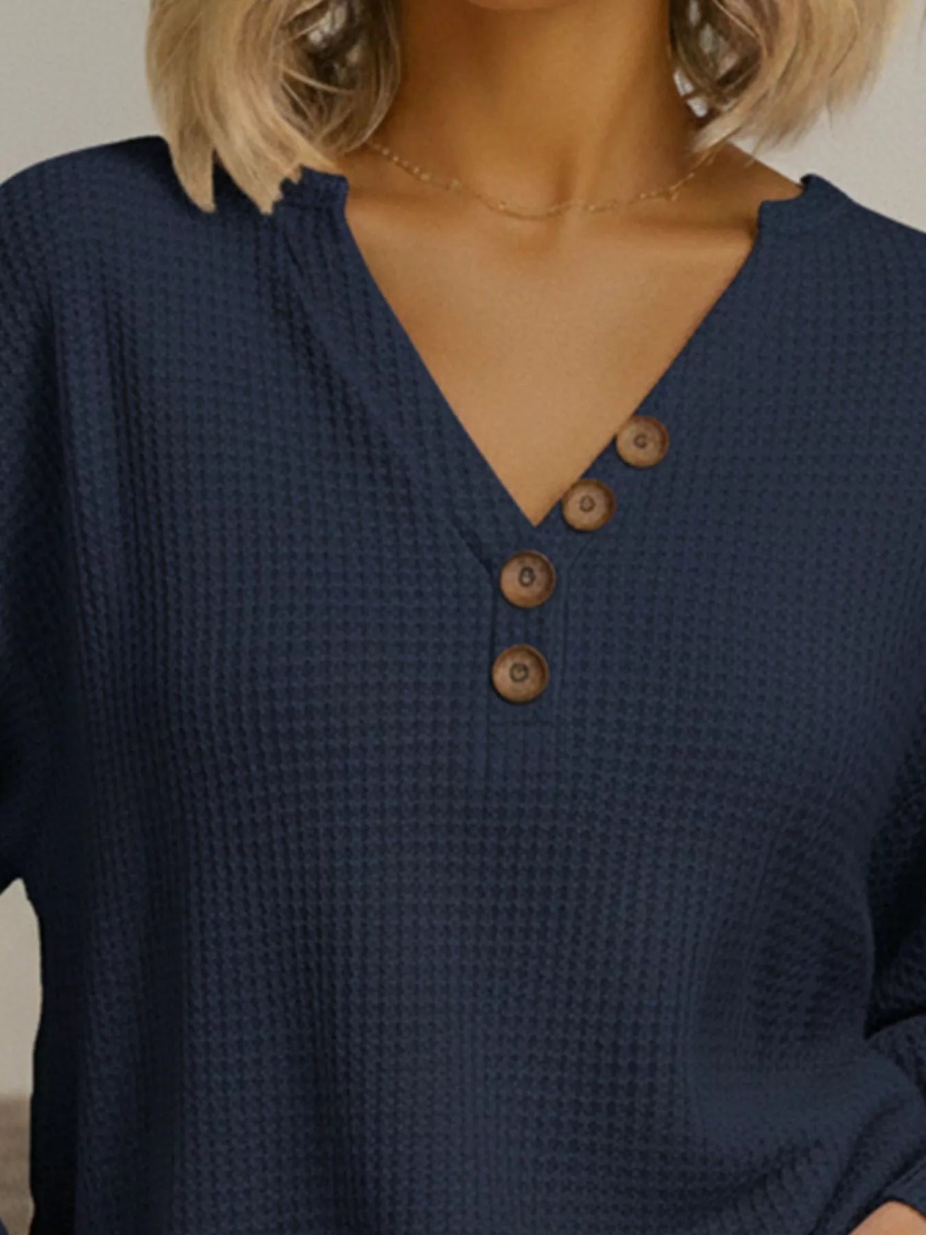 Full Size Casual Waffle Knit V-Neck Long Sleeve T-Shirt Plus Size