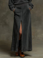 Stylish Retro Striped Ribbed Top & Slit Maxi Skirt Set - Comfortable & Versatile Outfit