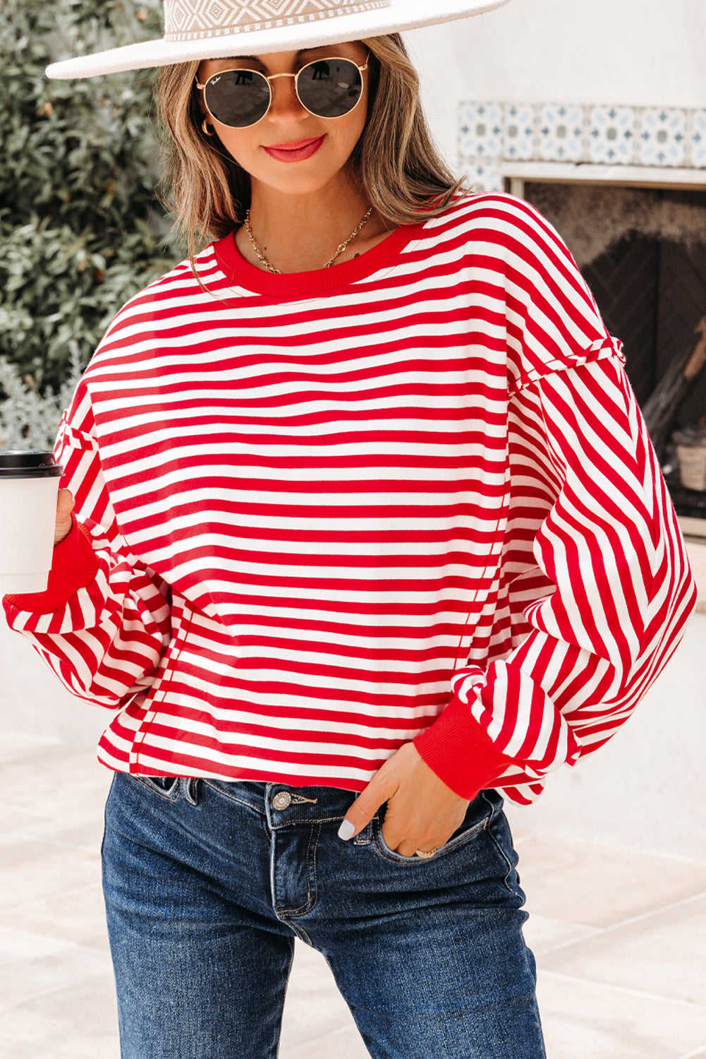 Red Stripe Exposed Seam Drop Shoulder Casual Pullover Top