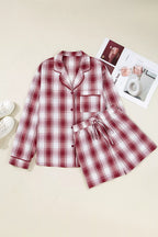 Plaid Long Sleeve Shirt and Drawstring Shorts Lounge Set
