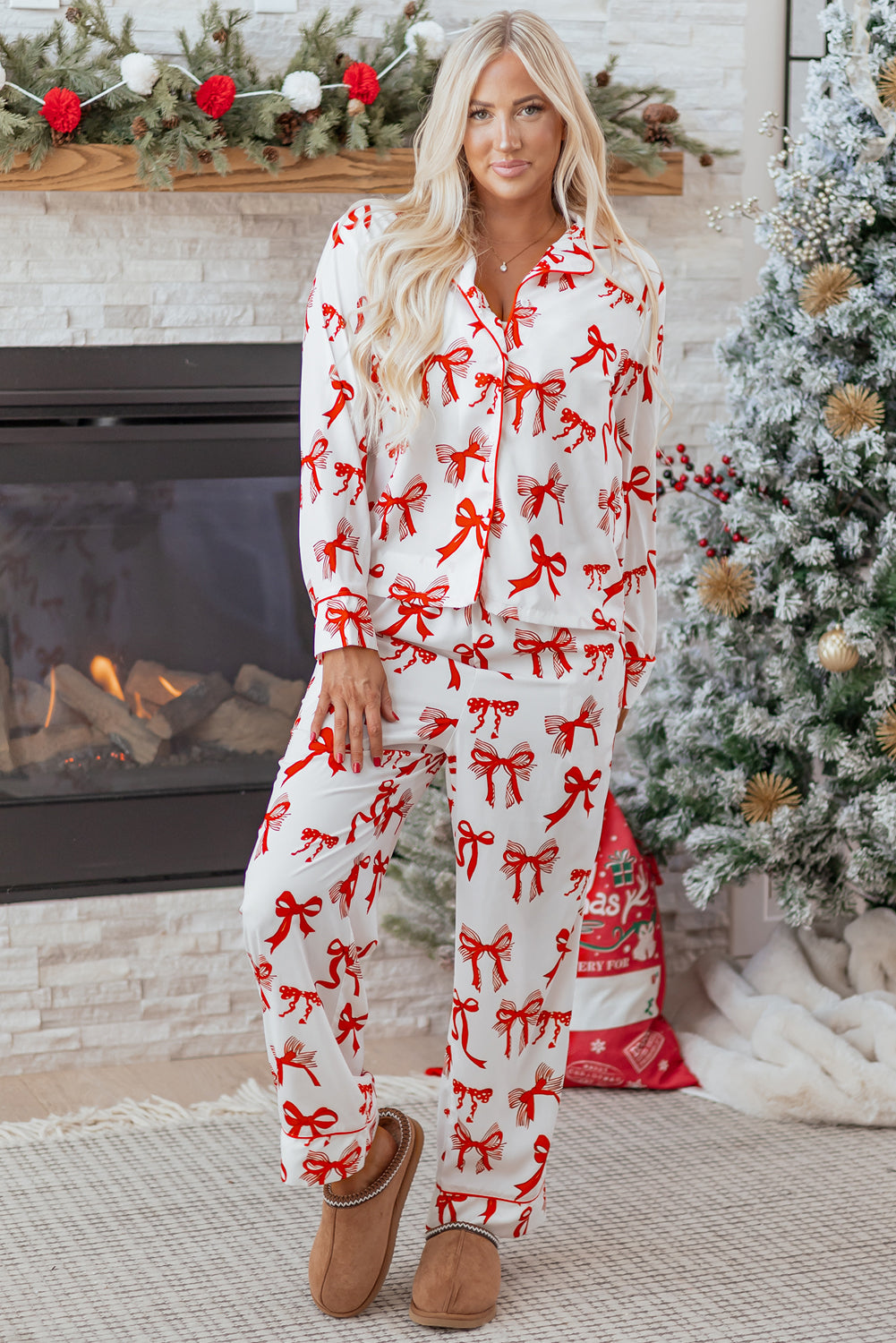 Festive Red Bow Print Long Sleeve 2-Piece Pajama Set for Christmas