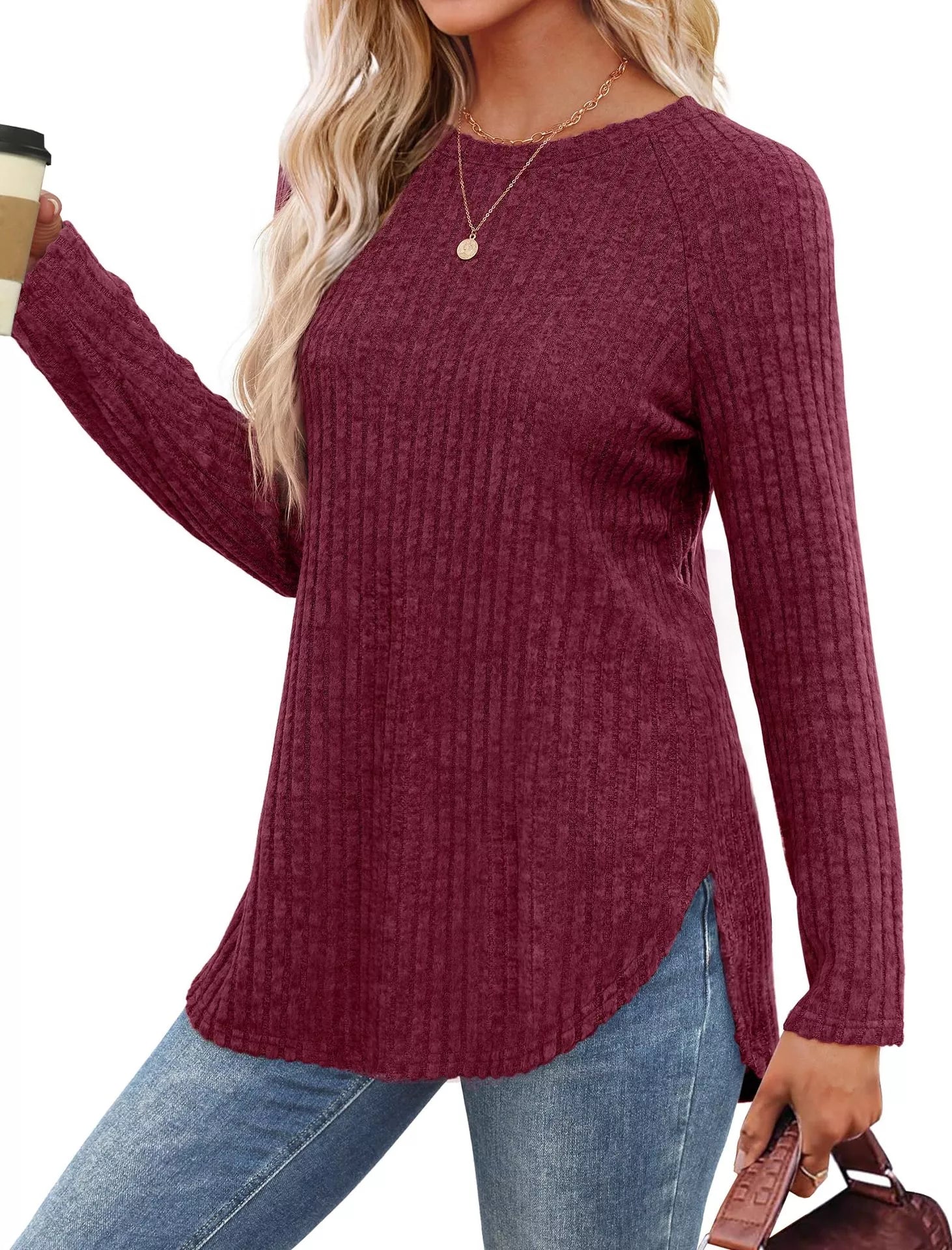 Casual Ribbed Knit Long Sleeve T-Shirt