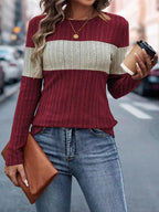 Color Block Ribbed Knit Long Sleeve T-Shirt