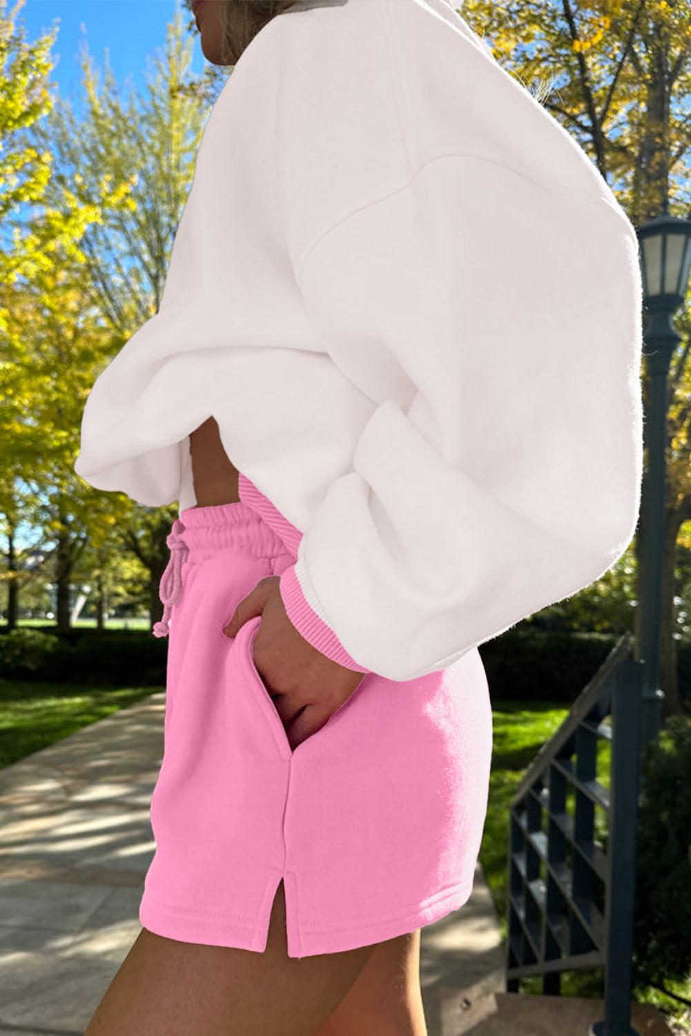 Strawberry Pink Color Block Pullover and Lace-up Elastic Waist Shorts Set