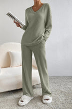 Women's Ribbed V-Neck Top and Pants Loungewear Set - Comfortable & Stylish