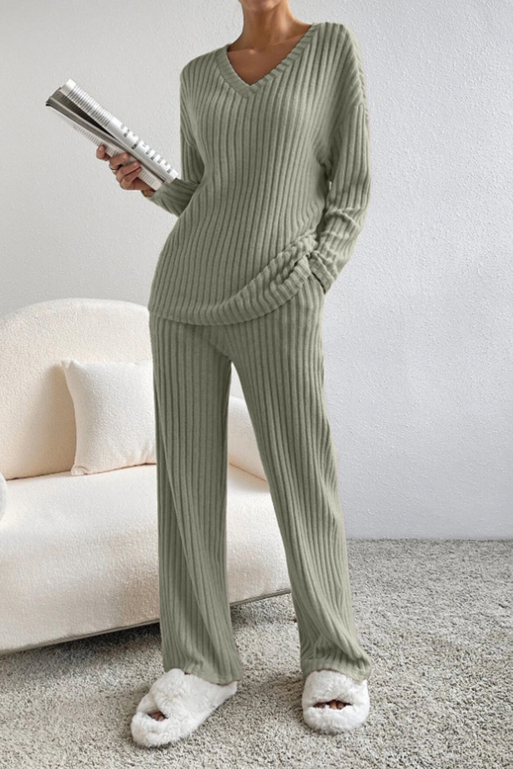 Women's Ribbed V-Neck Top and Pants Loungewear Set - Comfortable & Stylish