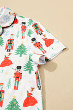 Cozy White Printed Christmas Pattern Button-Up Sleepwear Set - Short Sleeve Top & Loose Pants