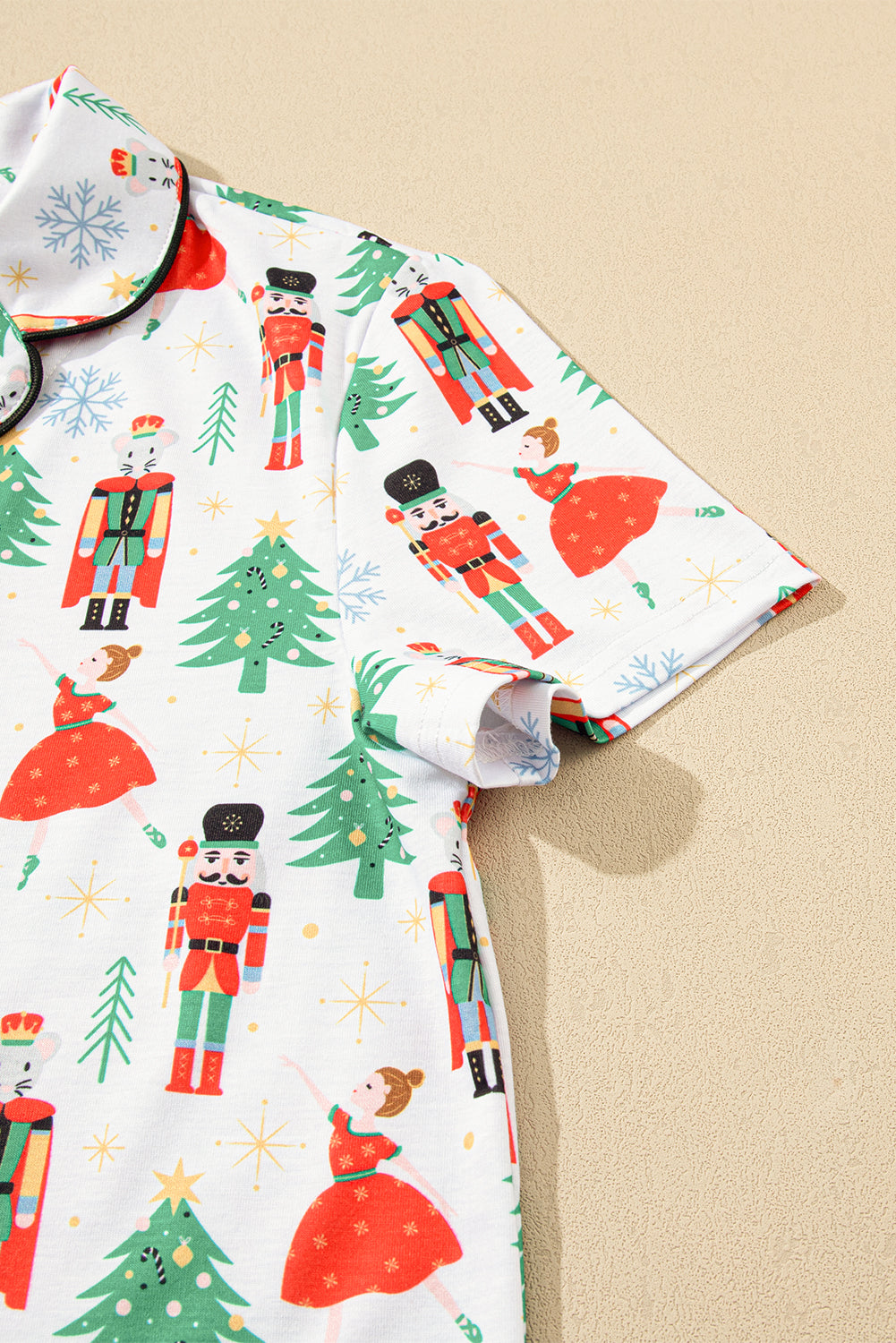 Cozy White Printed Christmas Pattern Button-Up Sleepwear Set - Short Sleeve Top & Loose Pants