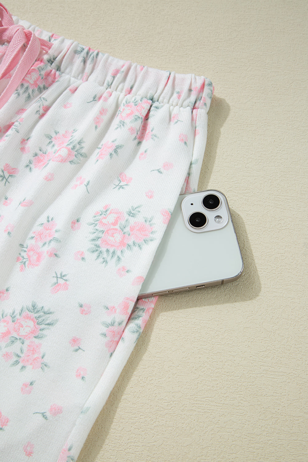 Women's Pink Floral Lettuce Trim Ribbed Tee and Shorts Lounge Set