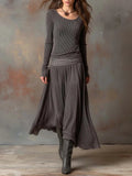 Retro Grey Ribbed Stretch Slim-Fit Two-Piece Set for Women