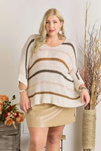 ADORA Full Size Multi Color Strip Sweater Plus Size
