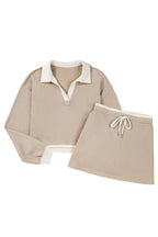 Parchment Raw Edge Detail Colorblock Patchwork Cropped Pullover Drawstring Skirt Set