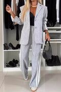 Chic Contrast Lapel Collar Buttoned Top and Pocketed Pants Two-Piece Set - 100% Polyester