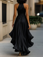 Midnight Elegance Satin Halter Ruffle Gown