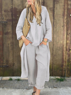 Women's Linen Blend V-Neck Long Sleeve Loose Top & High-Waisted Wide-Leg Pants Set - Perfect for Spring Casual Wear