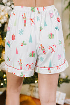 Festive White Christmas Print Short Sleeve Shirt and Shorts Pajama Set for Cozy Lounging