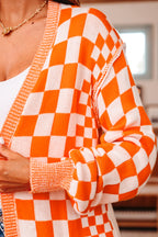 Orange Checkered Open Front Drop Shoulder Cardigan