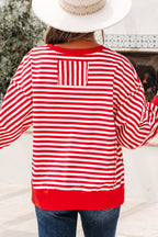 Red Stripe Exposed Seam Drop Shoulder Casual Pullover Top