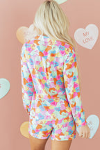 Pink Valentines Candy Heart V Neck Collared Tunic Shirt and Shorts 2pcs Pajama Set for Women