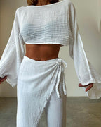 Woven Cotton and Linen Two-Piece Set with Lace-Up Detail