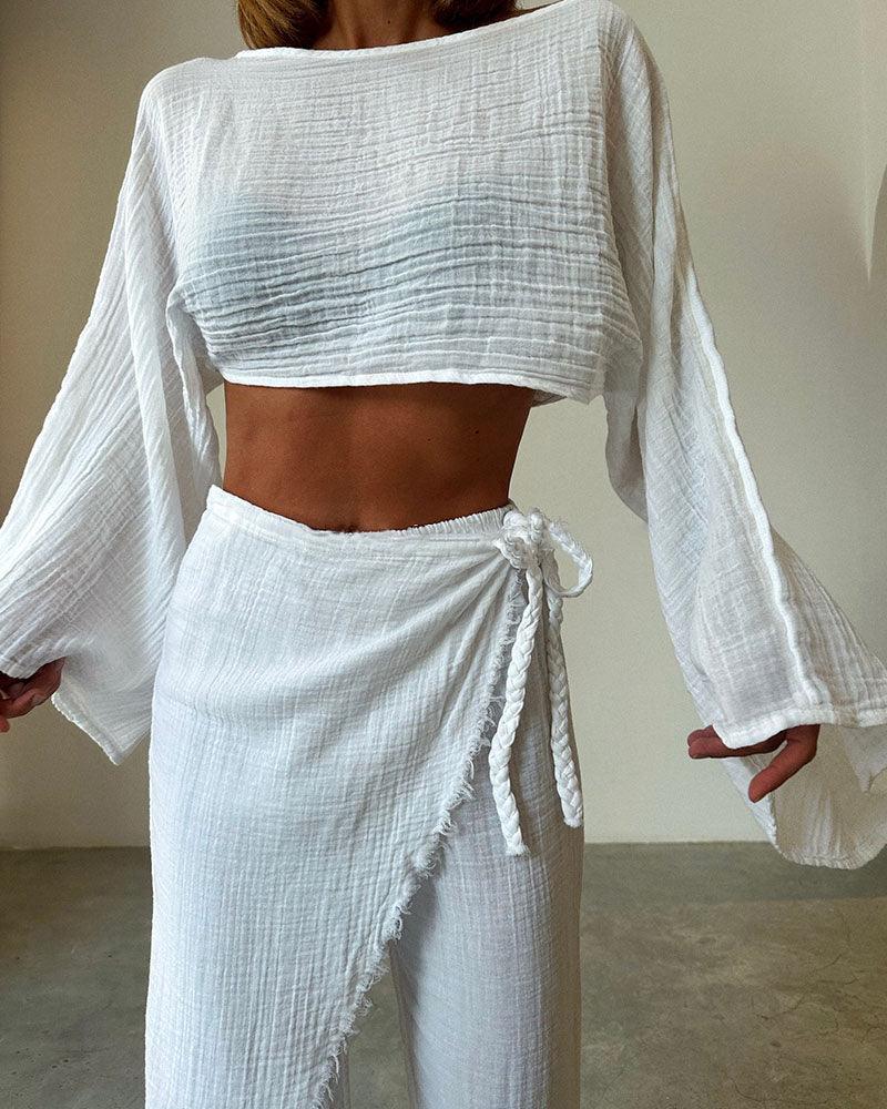 Woven Cotton and Linen Two-Piece Set with Lace-Up Detail