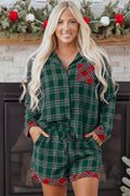 Festive Green Plaid Contrast Patched Christmas Holiday Long Sleeve Shirt & Short Pajama Set for Women
