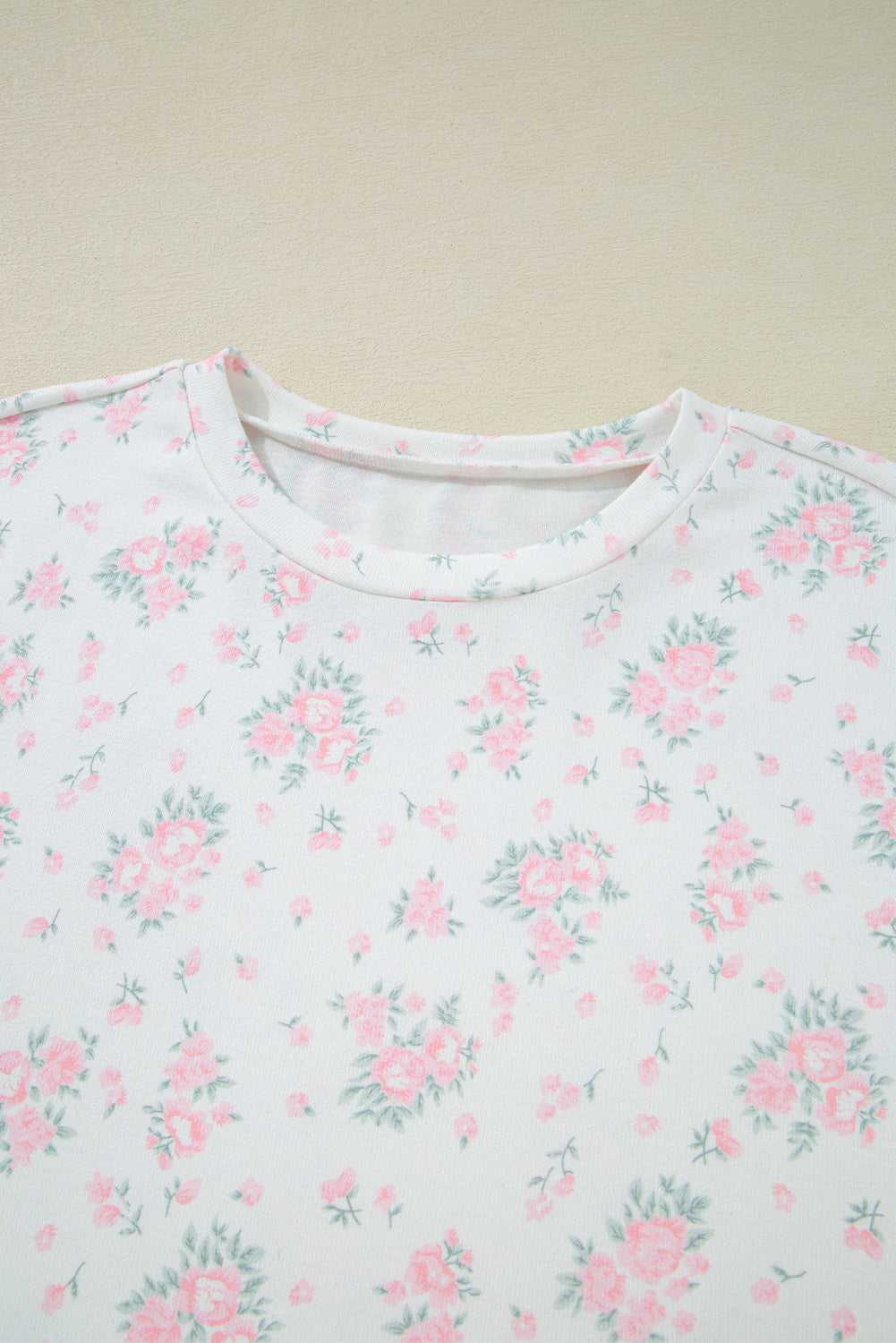 Women's Pink Floral Lettuce Trim Ribbed Tee and Shorts Lounge Set