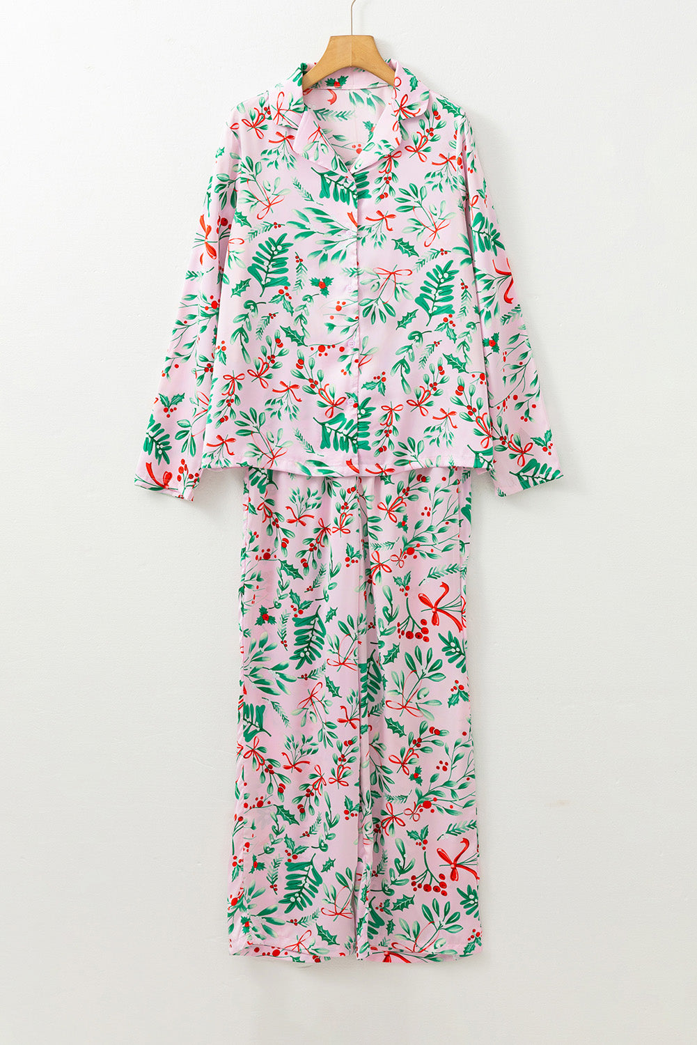 Luxurious Pink Christmas Berries Plant Print Satin Long Sleeve Pajama Set for Ultimate Comfort