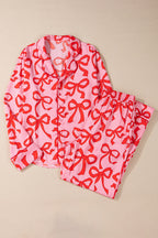 Chic Pink 2-Piece Bow Print Shirt Style Long Sleeve Pajama Set for Women