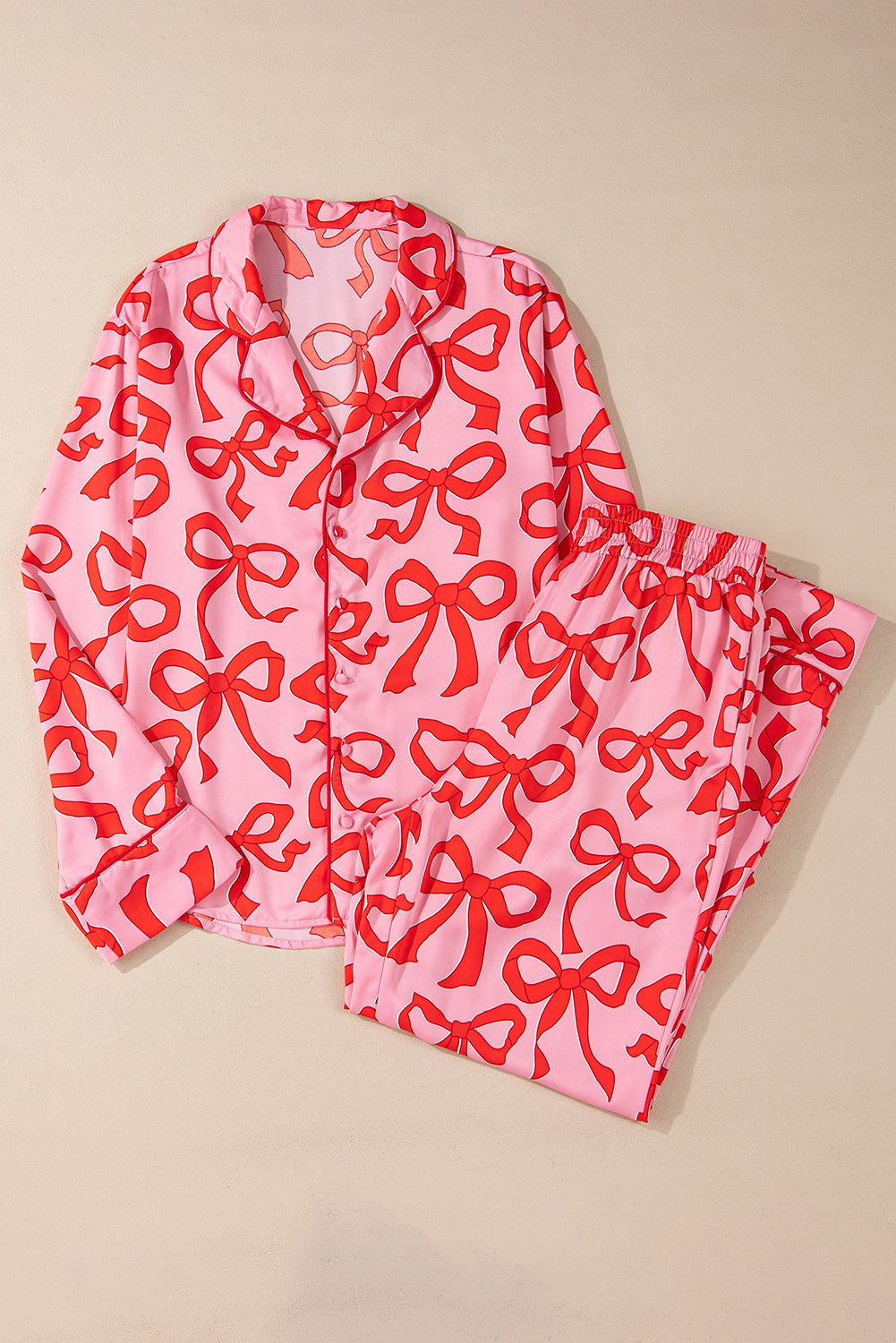 Chic Pink 2-Piece Bow Print Shirt Style Long Sleeve Pajama Set for Women