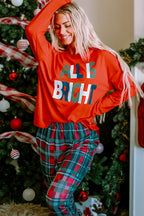 Cozy "ALL IS BRIGHT" Graphic Christmas Plaid Pajama Set for Women - Festive Long Sleeve Top & Jogger Pants