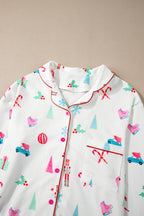 Festive White Christmas Print Lapel Shirt and Pants Sleepwear Set