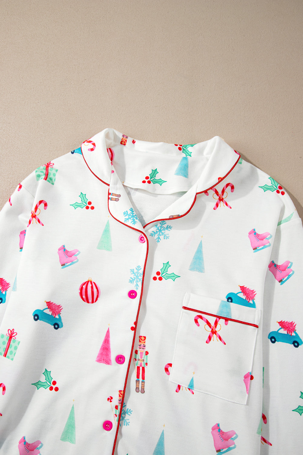 Festive White Christmas Print Lapel Shirt and Pants Sleepwear Set