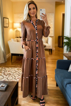 Chestnut Floral Patchwork Detail Notched Neck Long Sleeve Maxi Dress