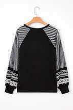 Black Contrast Print Striped Raglan Long Sleeve Loose Top