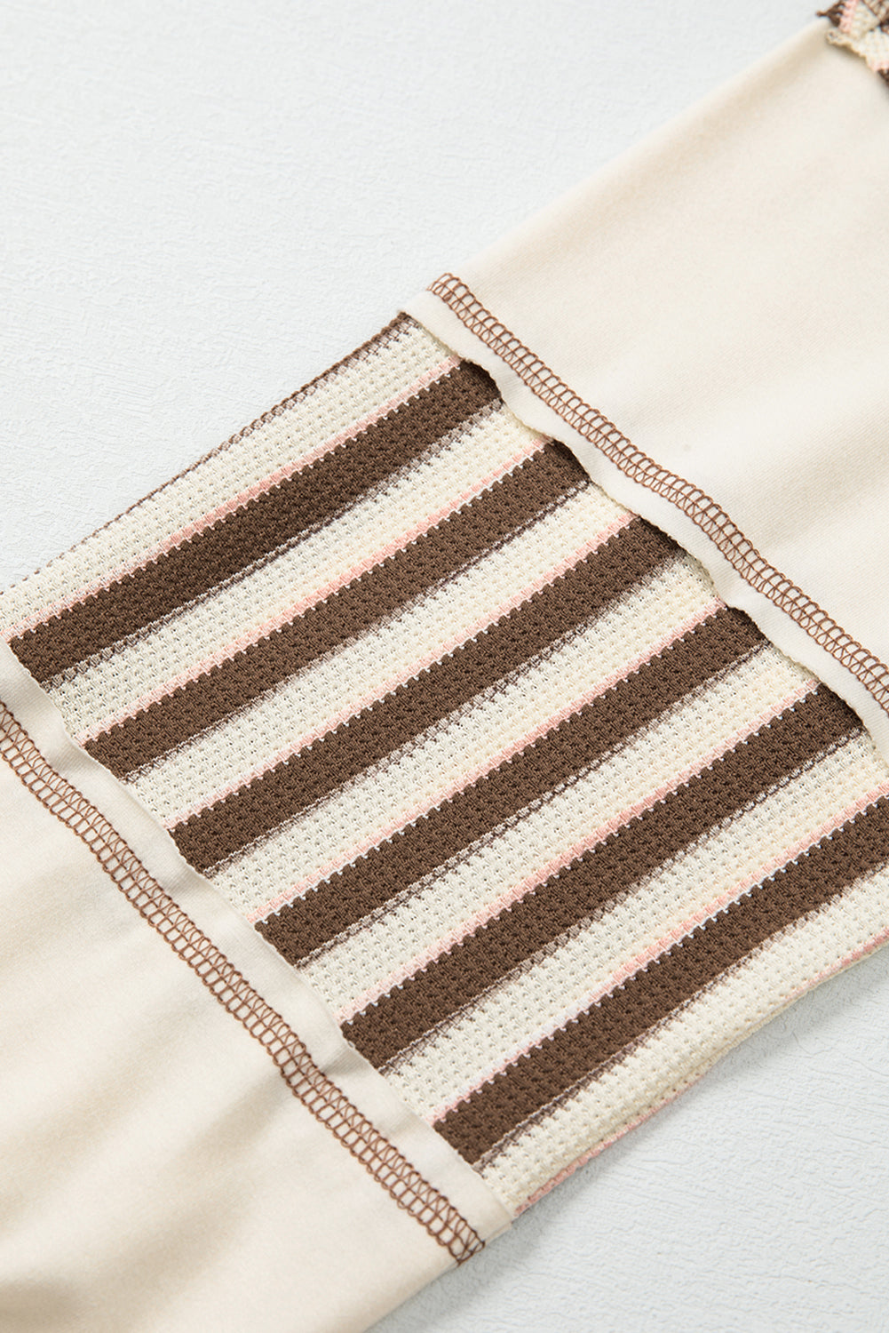 Khaki Stripe Stitched Detail Color Block Patchwork Oversized Pullover Top