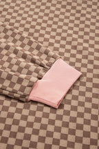 Brown Checkerboard Long Sleeve Pullover and Shorts Set