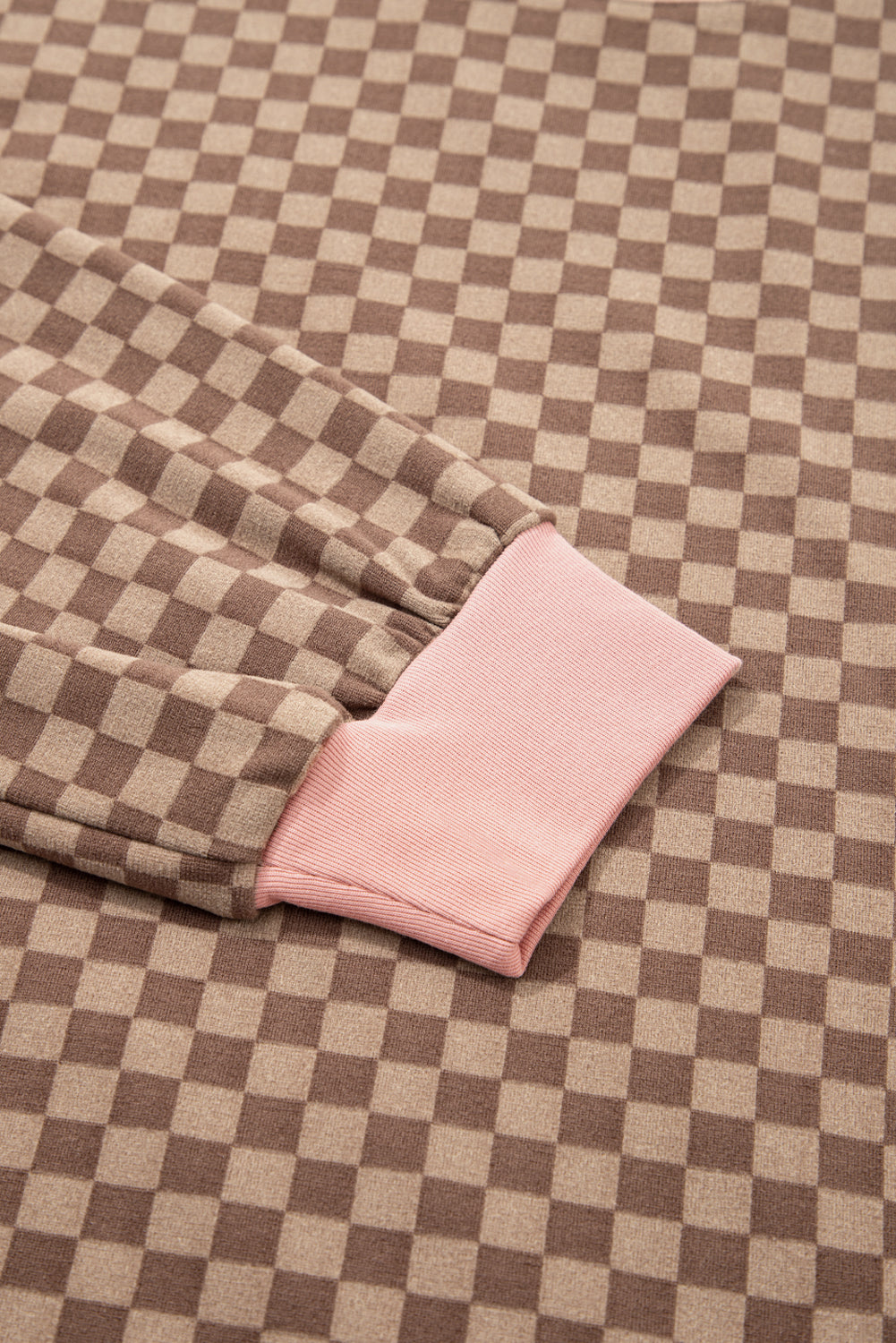 Brown Checkerboard Long Sleeve Pullover and Shorts Set