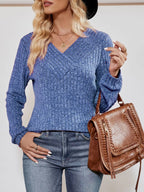 Ribbed Knit V-Neck Long Sleeve T-Shirt