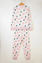 Pink Bow Christmas Tree Print Contrast Striped Banding 2pcs Lounge Set