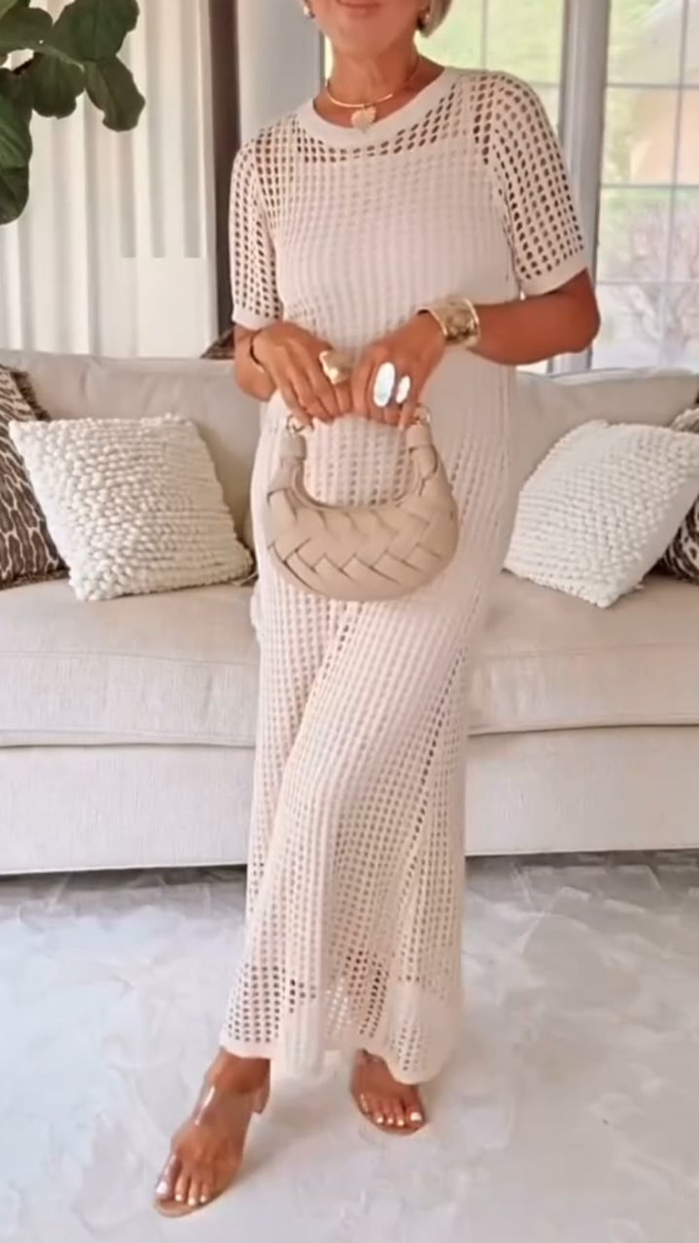 Elegant Boat Neck Hollow Airy Two-piece Dress - Breathable Polyester Outfit