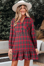 Red Plaid Shirt Collar Half Button Ruffle Hem Long Sleeve Mini Dress