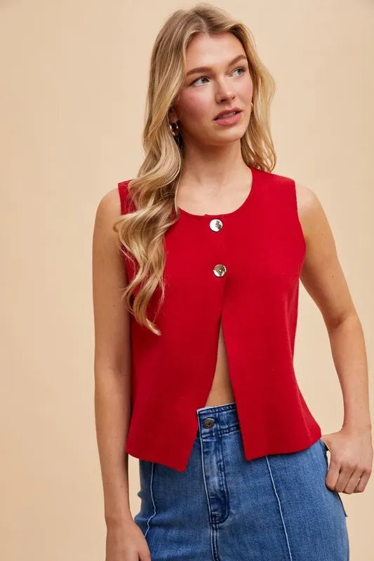 Annie Wear Metal Button Detail Crop Sweater Vest