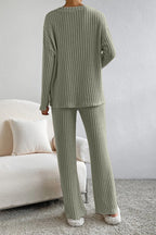 Women's Ribbed V-Neck Top and Pants Loungewear Set - Comfortable & Stylish