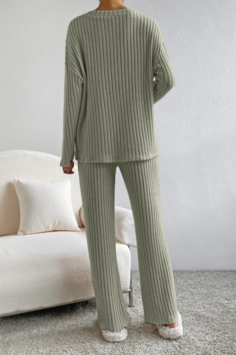 Women's Ribbed V-Neck Top and Pants Loungewear Set - Comfortable & Stylish