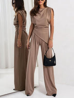 Elegant Irregular Sleeveless Casual Two-Piece Set for Women - Polyester Blend, S-3XL