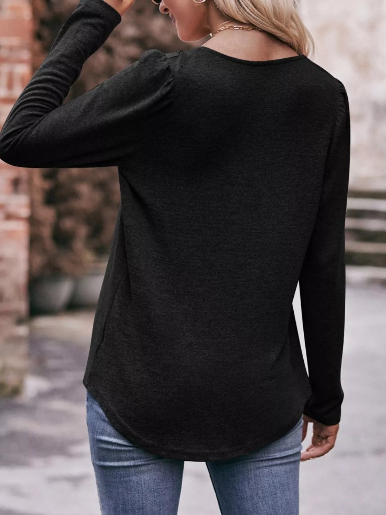 Pleated Square Neck Long Sleeve T-Shirt