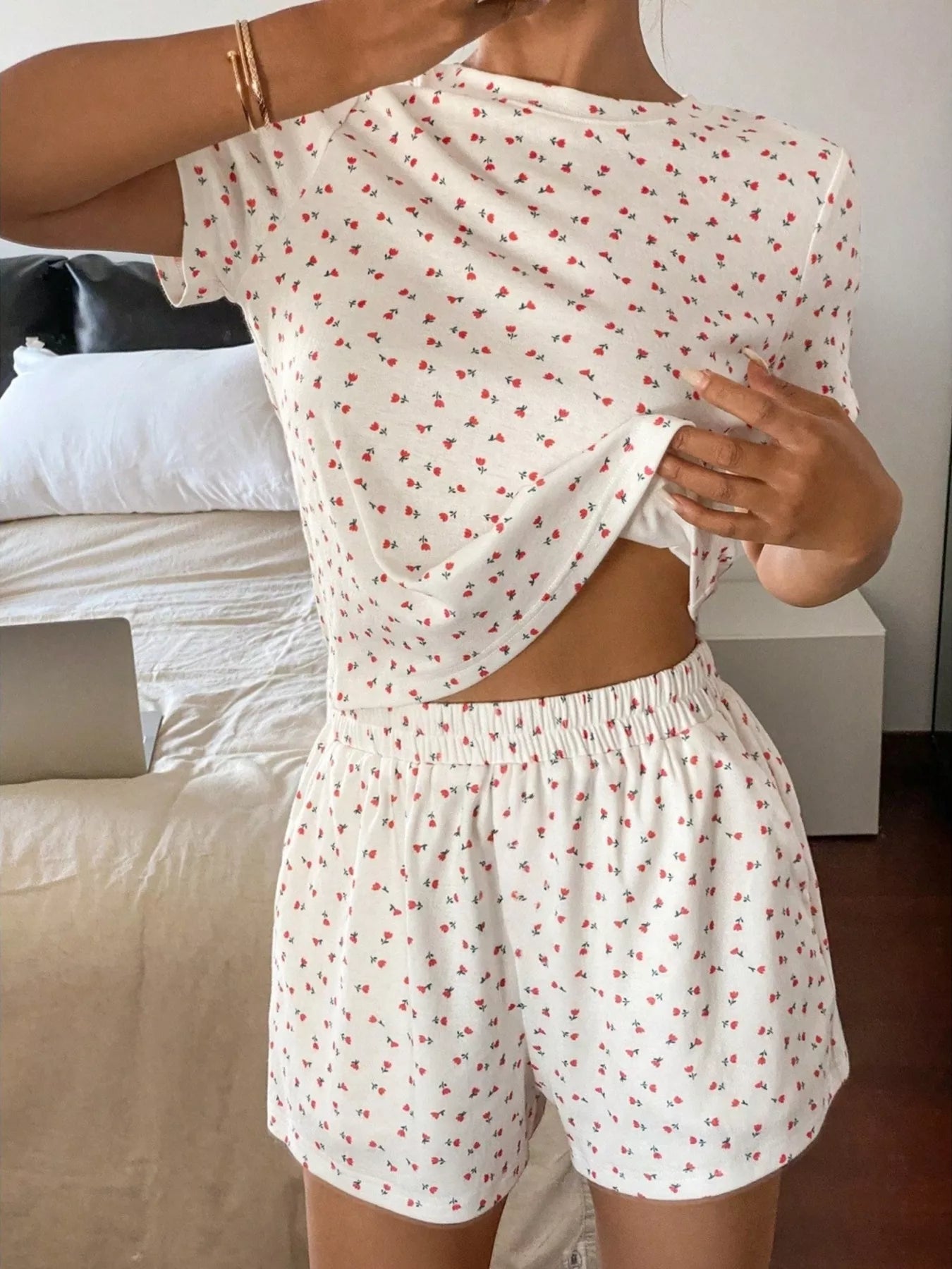 Floral Round Neck Top And Shorts Lounge Set